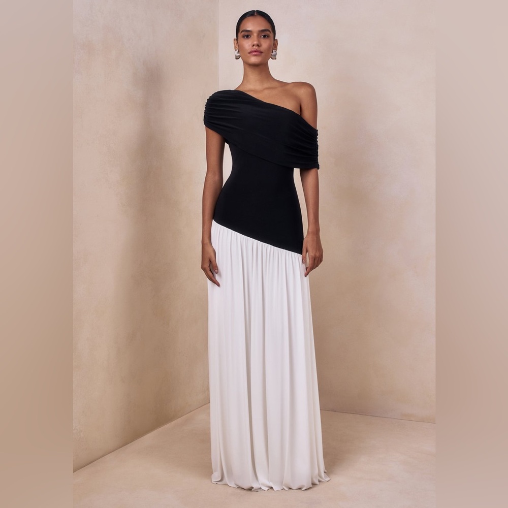 Club L London DOROYTA Cream White Asymmetric-Neck drop waist  Maxi Dress Sz 12 - Picture 12 of 12